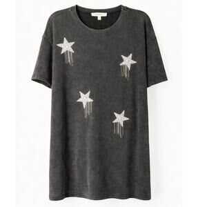 BaeVely Black Rhinestone Star Fringe Tee Shirt Dress Medium Oversized Graphic